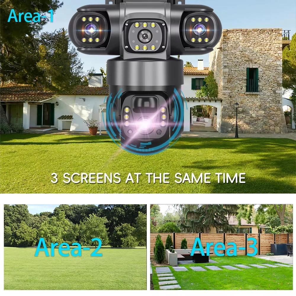 LS VISION Solar 4G Camera With Sim Card 12MP 6K Three Lens Three Screen Monitor Night Vision Security Protection PTZ Video Surveillance