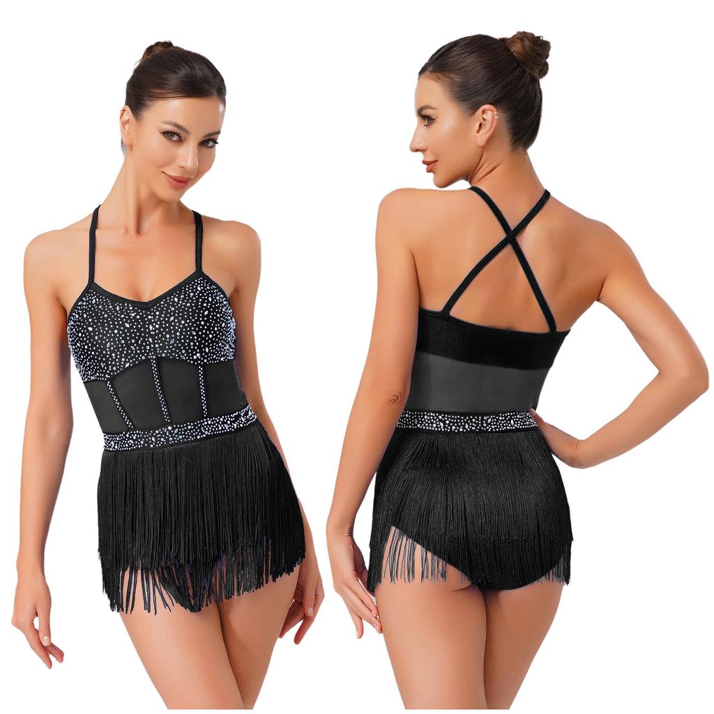 Женский кисточный латино-джазовый сальса купальник танцевальное платье танго танцевальные костюмы прозрачная сетка пэчворк стразы бахрома боди-платье