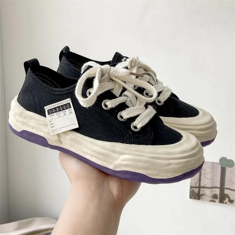 Холщовые плоские черные женские туфли с белыми шнурками, с акционной ценой, горячие повседневные городские туфли, новое поступление 2024 года, корейские