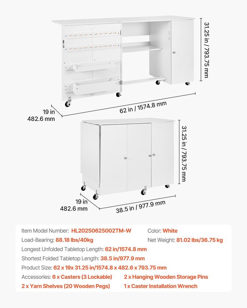 Folding Sewing Table, Multipurpose Sewing Machine Table with Cabinet, Compact Design, Wheels, Wooden Pegs, Storage Trays and Shelf, Magnetic Door,