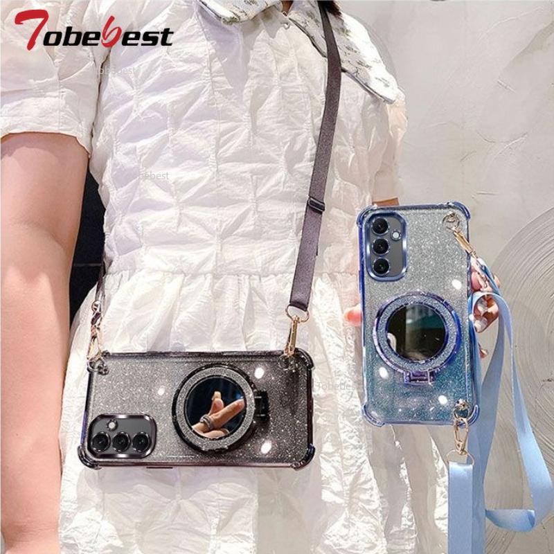 For Samsung Galaxy A16 A26 A36 A56 A06 A15 A25 A35 A55 A14 A24 A34 A54 4G 5G Case Crossbody Lanyard Plating Mirror Holder Cover