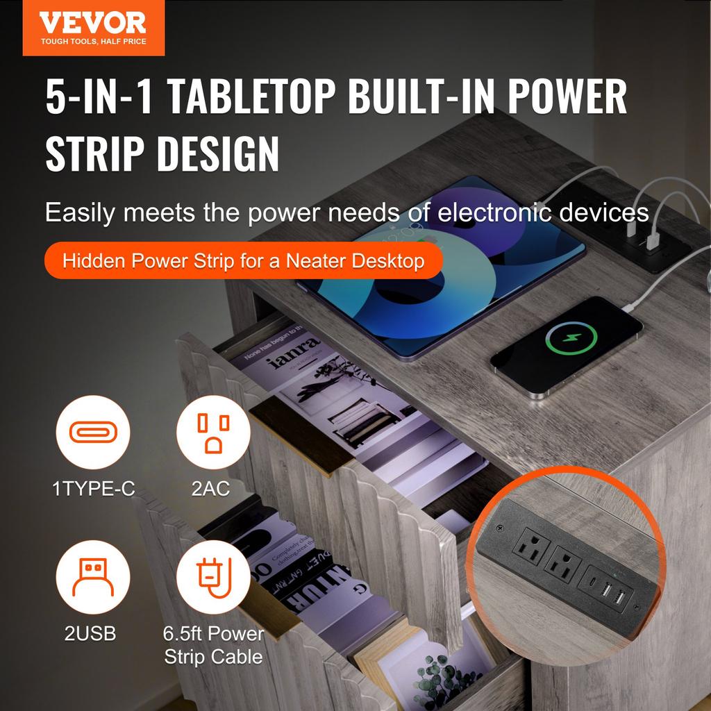 VEVOR Farmhouse End Table, Set of 2, Square Night Stand with USB Ports and Outlets, 3 Tiers End Table Side Table with Storage Cabinet and 2 Drawers