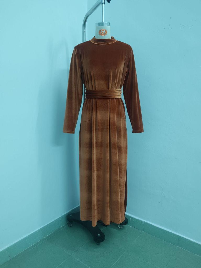 2025 Женское элегантное платье из золотого бархата с длинными рукавами, приталенное, с пышной юбкой, для осени/зимы