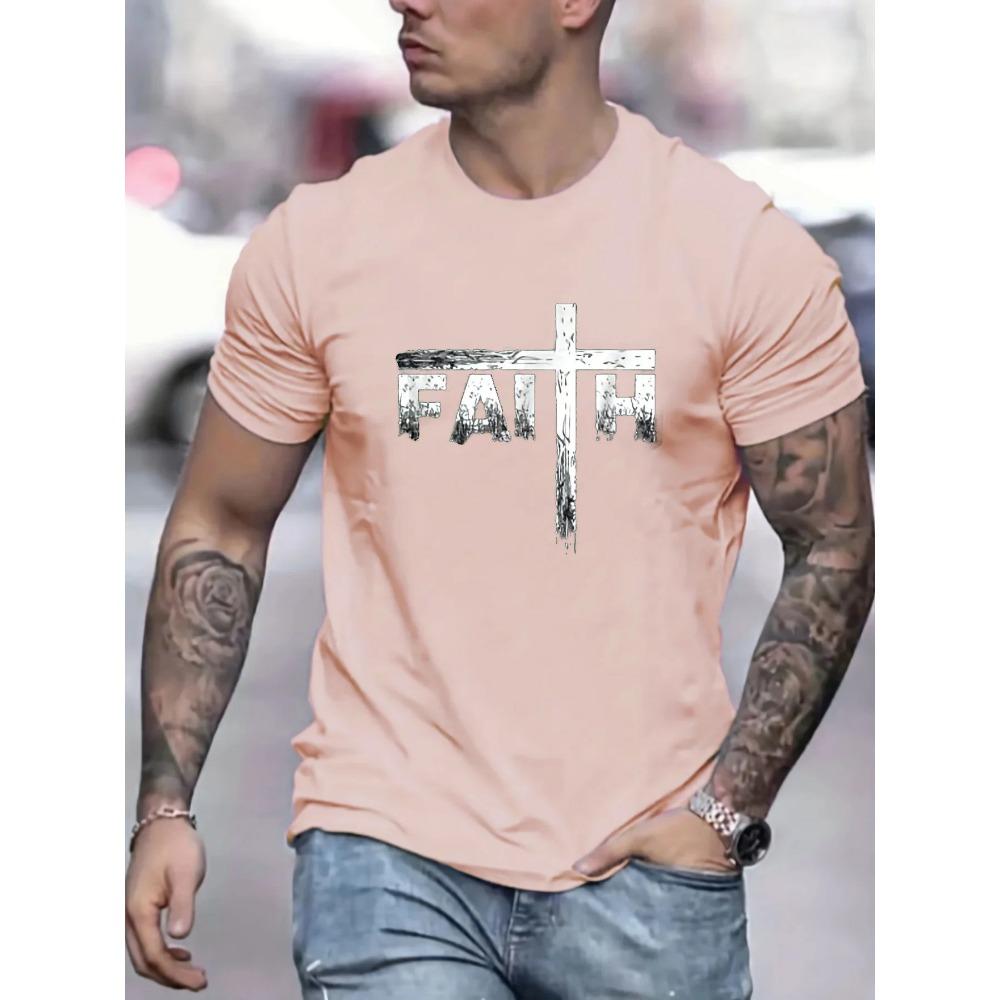 Men's Summer 100% Cotton Faith Print Loose Large Casual Round Neck Short Sleeve T-shirt