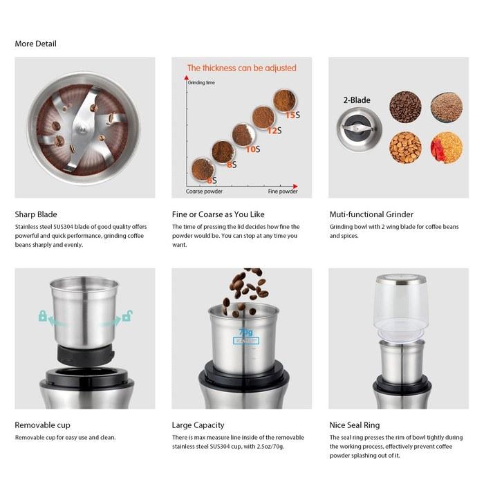 DR MILLS DM-7412(N) Electric Dry Spice & Coffee Grinder, Detachable Cup, Washable, SUS304 Stainless Steel Blade & Cup, Stainless Color,