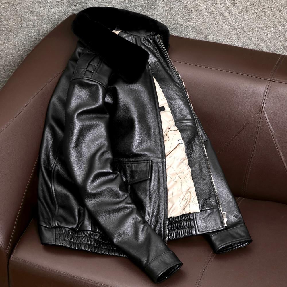 New Genuine Leather Jacket Men Real Cowhide Fur Collar Flight Coat Winter Padded Jacket