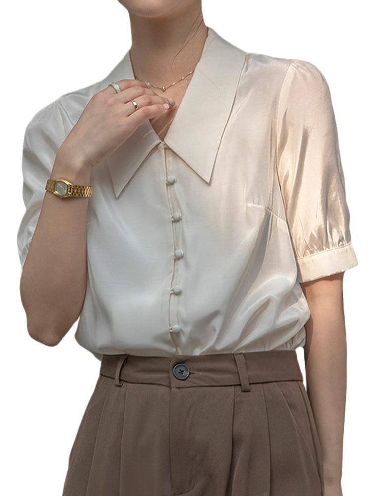 Элегантные женские рубашки, французская белая рубашка, женская рубашка с короткими рукавами, дизайн Sense Niche, атласная блузка с V-образным вырезом, летний темперамент, профессиональная рубашка для поездок на работу