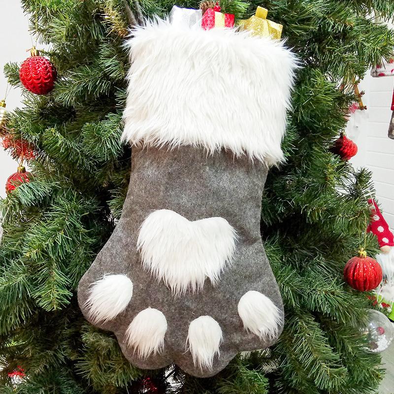 1PC Dog Paw Print Christmas Stockings for Tree Decor Matching Red-Grey Christmas Sock & Bag Set 44x22cm
