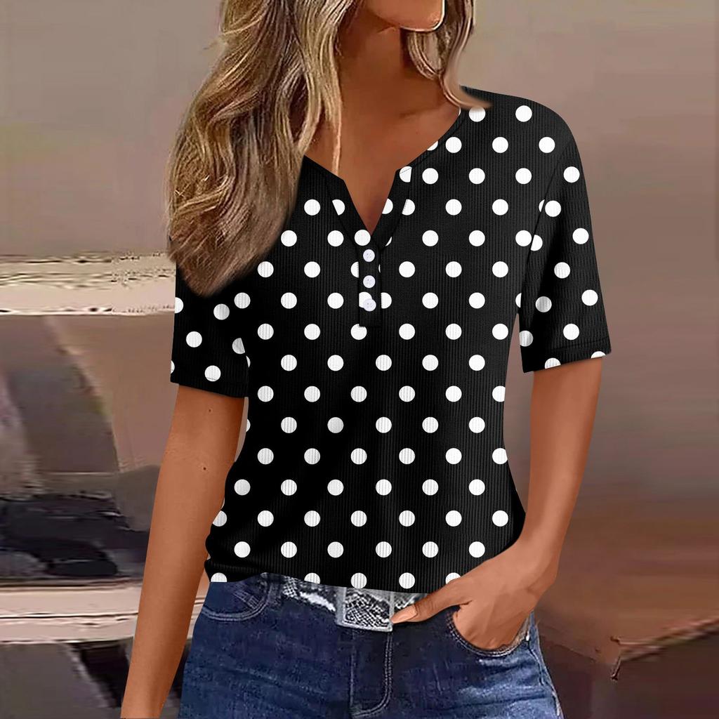 Women's Casual Printed V-Neck Short Sleeve Decorative Button T-Shirt Top