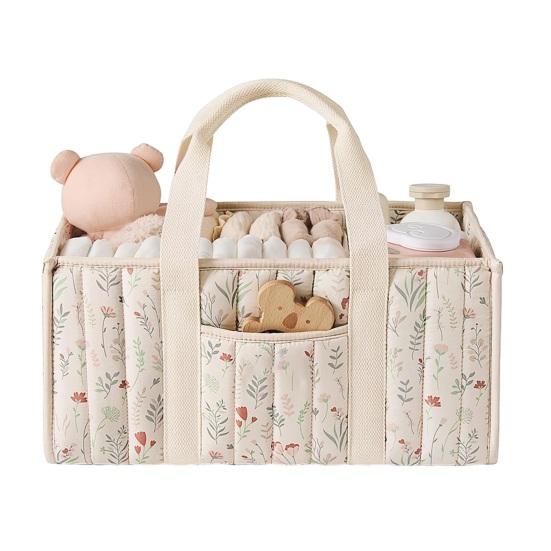 Цветочная стеганая сумка для подгузников Тканевая корзина для хранения Цветочный органайзер для детских подгузников с ручками и съемными перегородками для детской комнаты, автомобиля, спальни