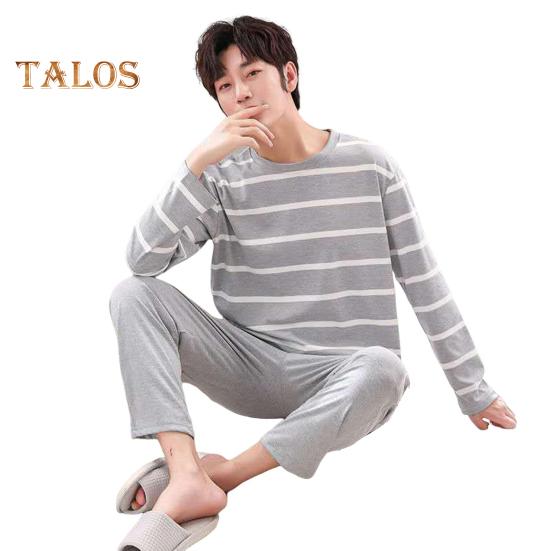 Комплект из 2 предметов: мужская пижама с круглым вырезом, длинными рукавами, полосатым принтом, топами и длинными брюками на эластичной талии, комплект домашней одежды для отдыха