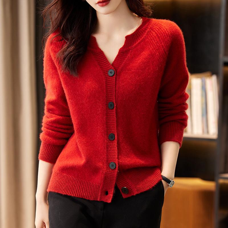 V-neck Cardigan Cardigan for Women In Autumn and Winter Short Solid Color with Loose Knitted Jacket Versatile Long-sleeved Top