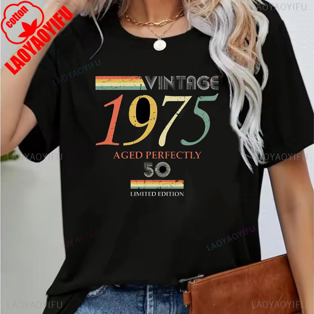 Vintage 1975 Funny 50Th Birthday Gifts 50 Years Old Retro Print TShirt Short Sleeve Crew Neck Casual Top for Summer Spring