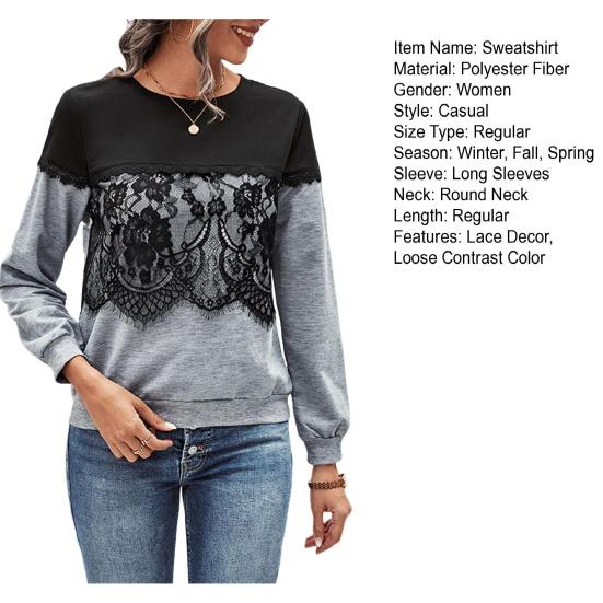 Зимняя осень Женская толстовка с кружевным декором, цветочной вышивкой, круглым вырезом, длинными рукавами, цветными блоками