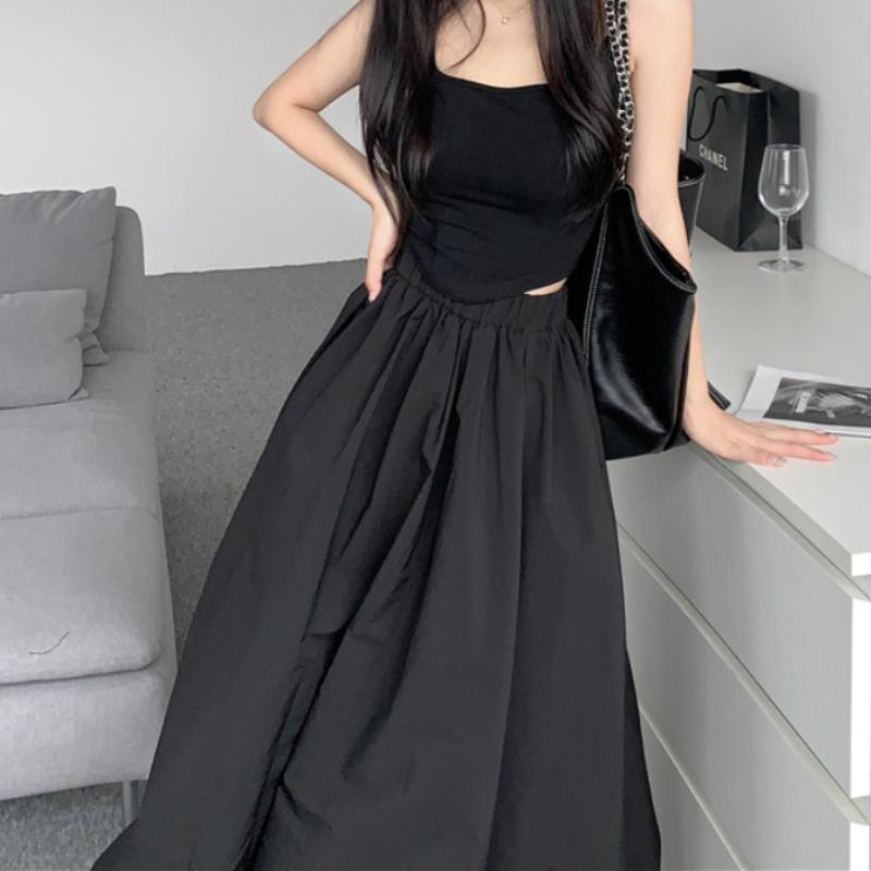 Balloon Maxi Skirt Women Korean Fashion Streetwear Black Elastic Waist A-line Vintage Loose Long Skirt Female Casual