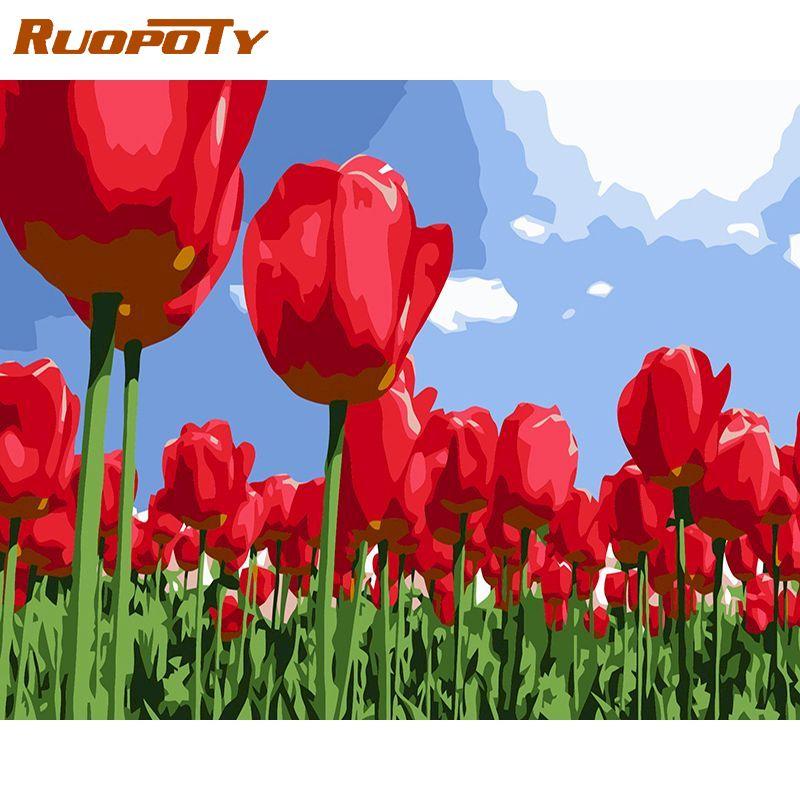 RUOPOTY Безрамные цветы серии DIY картина по номерам ручная роспись маслом акриловый рисунок по номерам для домашнего декора подарок