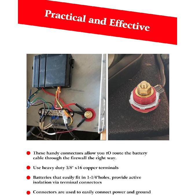Thru Panel Battery Terminal Connector Premium High Current, 2 Pcs 3/8in Thru Panel Battery 250A Positive Negative Junction Stud Post for Cars RVs