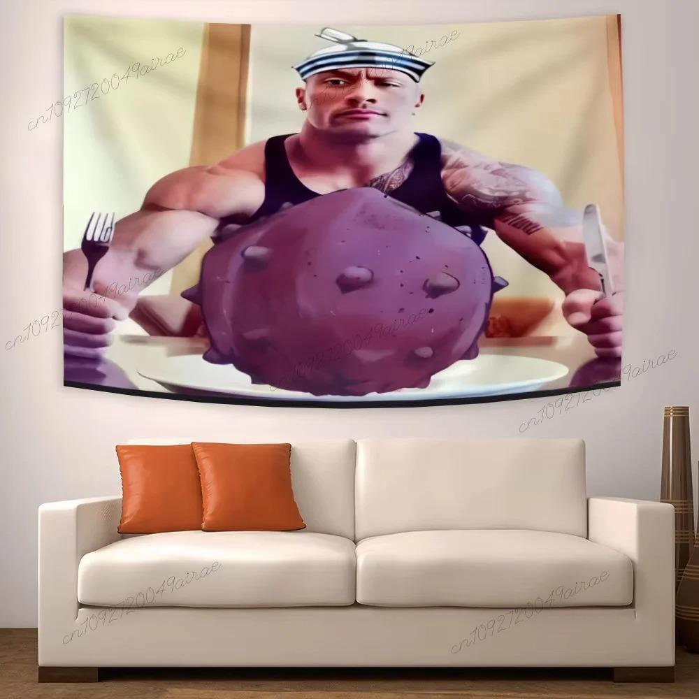 The Rock Pancake Meme Tapestry Funny Pop Culture Print Polyester Wall Hanging for Living Room Viral Meme and Comedy Home Dec