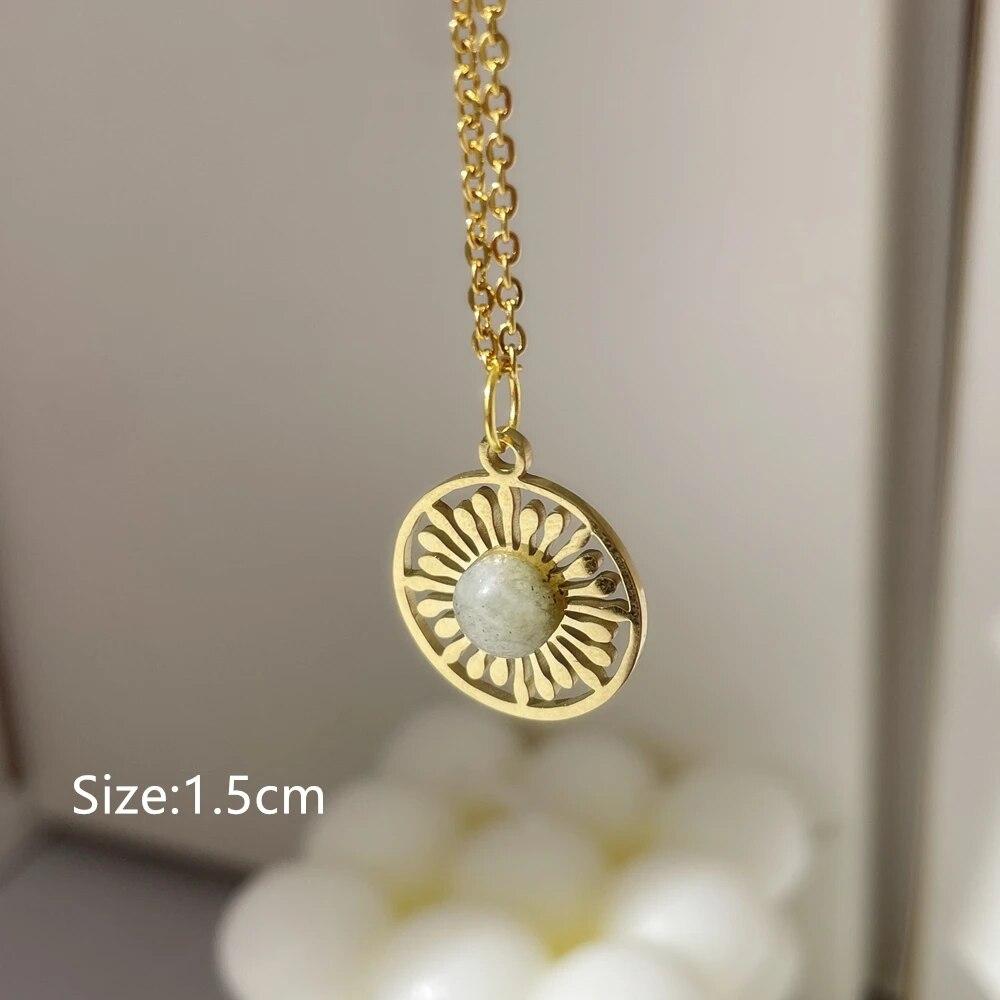 2024 New Gray Enamel Round Star Sun Charm Natural Stones Pendants Necklace Stainless Steel Clavicle Chain Jewelry