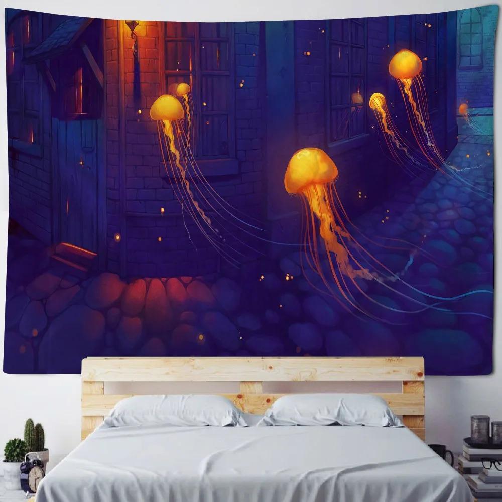 Kawaii room wall decor underwater creatures tapestry astronaut jellyfish fantasy home art decor neon galaxy space