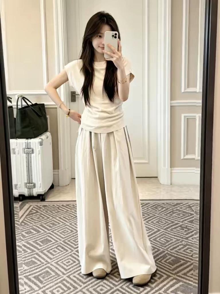 Модный ootd образ модный студенческий стиль костюм женский летний новый повседневный с коротким рукавом широкие брюки комплект из двух предметов