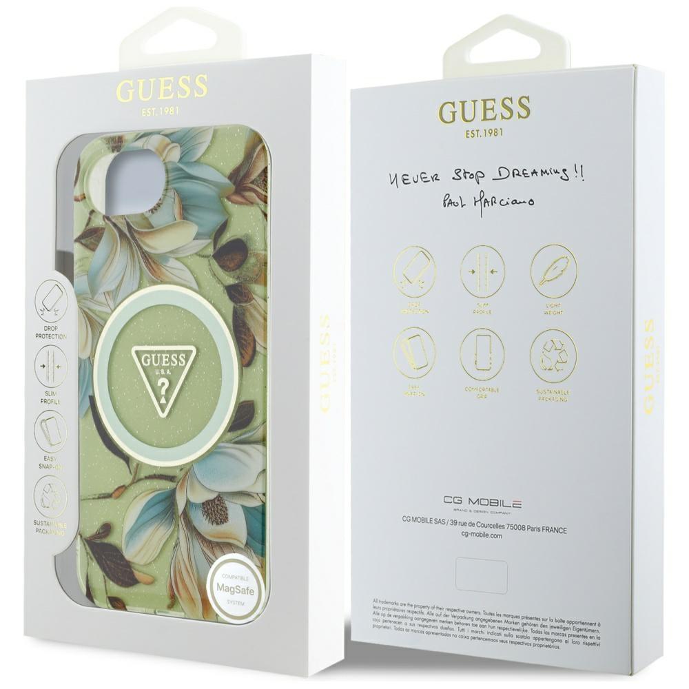 Guess IML Metal Glitter Flowers Triangle MagSafe case for iPhone 16e / 17e green