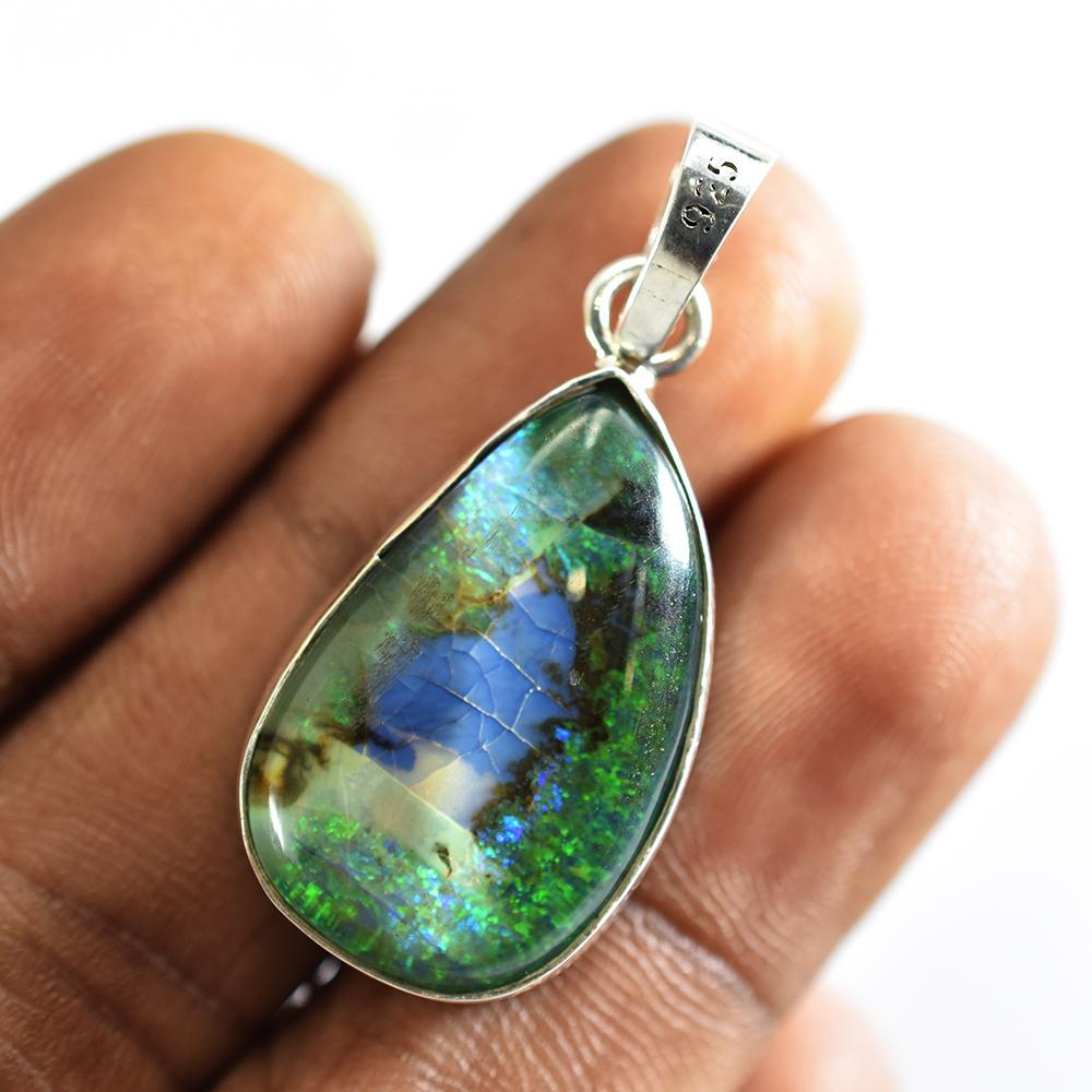 Certified Natural Aurora Opal 25.65 Ct 925 Sterling Silver Pendant best Gift