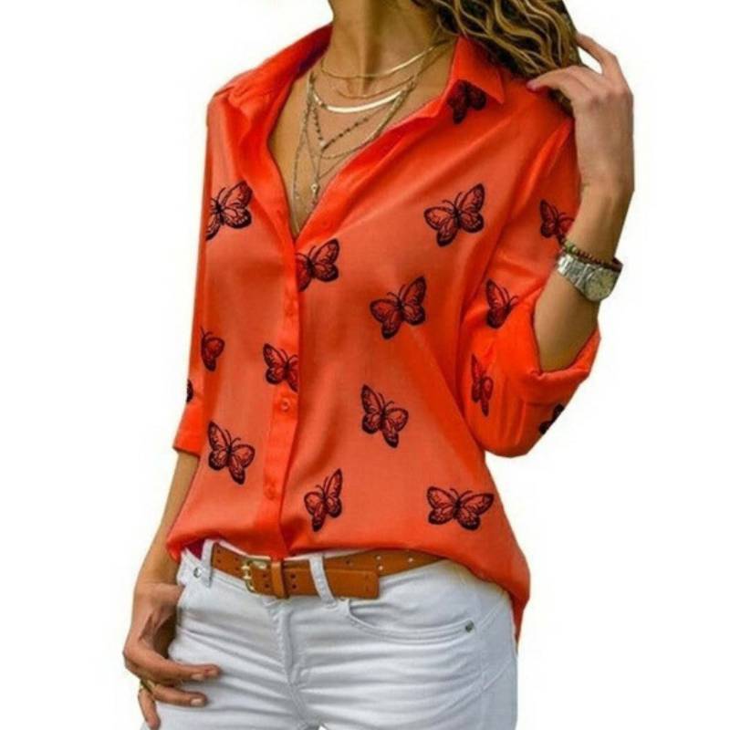 English Fashion Shirt With Butterfly Print And Spandex For Casual Wear