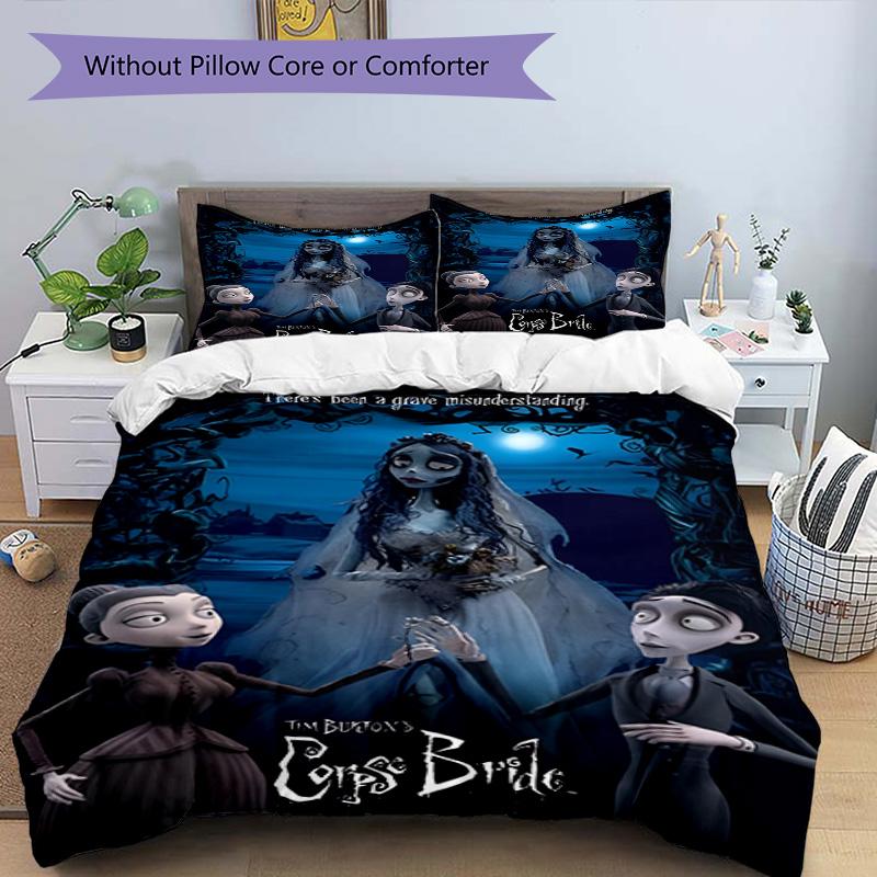 3pcs Duvet Cover Set (1*Duvet Cover + 2*Pillowcase, Without Core), Corpse Bride Print Bedding Set, Bedroom Decor, All‑Season, Birthday Gift
