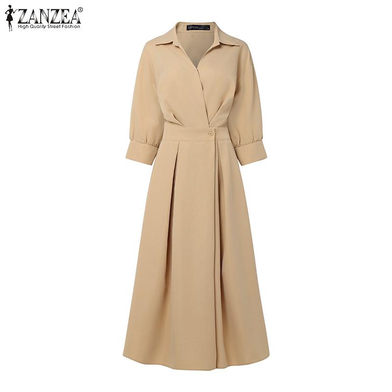 ZANZEA Women Turn Down Collar Loose Casual 3/4 Sleeve Long Dress