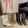 Белые ботильоны на толстом высоком каблуке с острым носком в британском стиле женские 2025 новая осень с юбкой увеличивающие рост и стройнящие сапоги-трубы