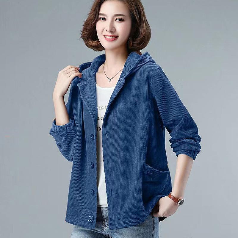 Весна Осень Женская вельветовая куртка Свободная Приталенная Тонкая Мама Повседневная Верхняя одежда Миди