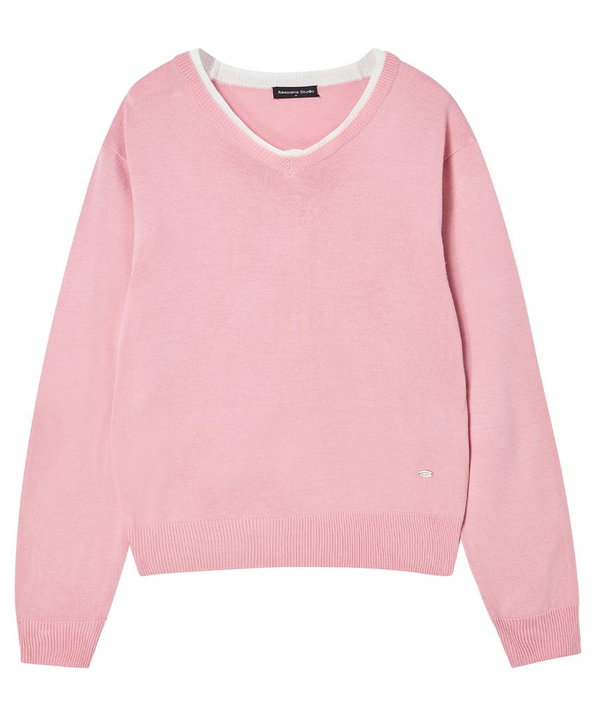 AWESOME STUDIO Classic Layered V-Neck Knit Light Pink