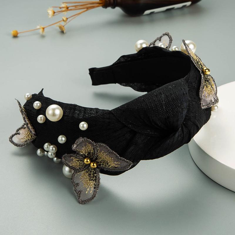 Женская кружевная повязка на голову для мытья лица с бабочкой и жемчугом, однотонная повязка на голову с широким краем и крестообразным узлом