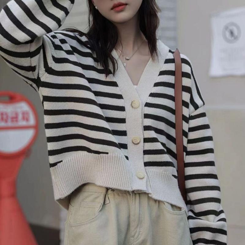 Cardigan Sweater Female 2022 Autumn New College Style Stripe V-Neck Knitwear Women Design Sense Korean