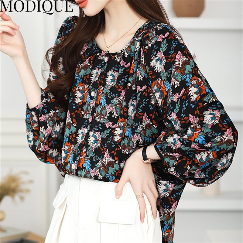 MODIQUE весна лето большие размеры женские свободные повседневные элегантные хлопковые льняные шифоновые блузки с цветочным принтом рубашки женские базовые с круглым вырезом пальто с пышными рукавами