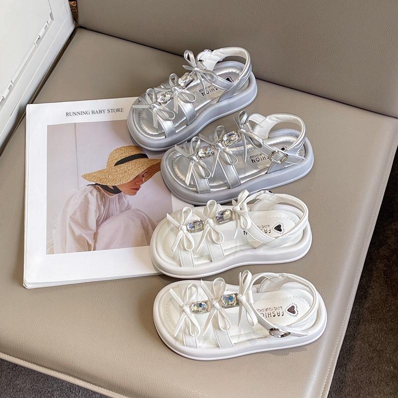 Wedding Party Children's Summer Sandals New Girl Princess Shoes Elegant Chic Bow Kids Causal Flat Sandals Rhinestone I09056