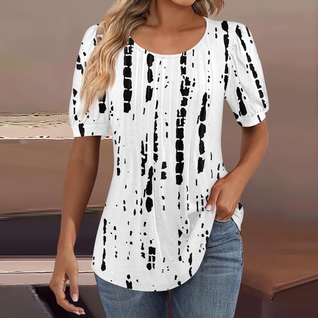 Женские пышные туники с короткими рукавами, топы, плиссированные блузки с воротником, повседневные свободные весенне-летние футболки