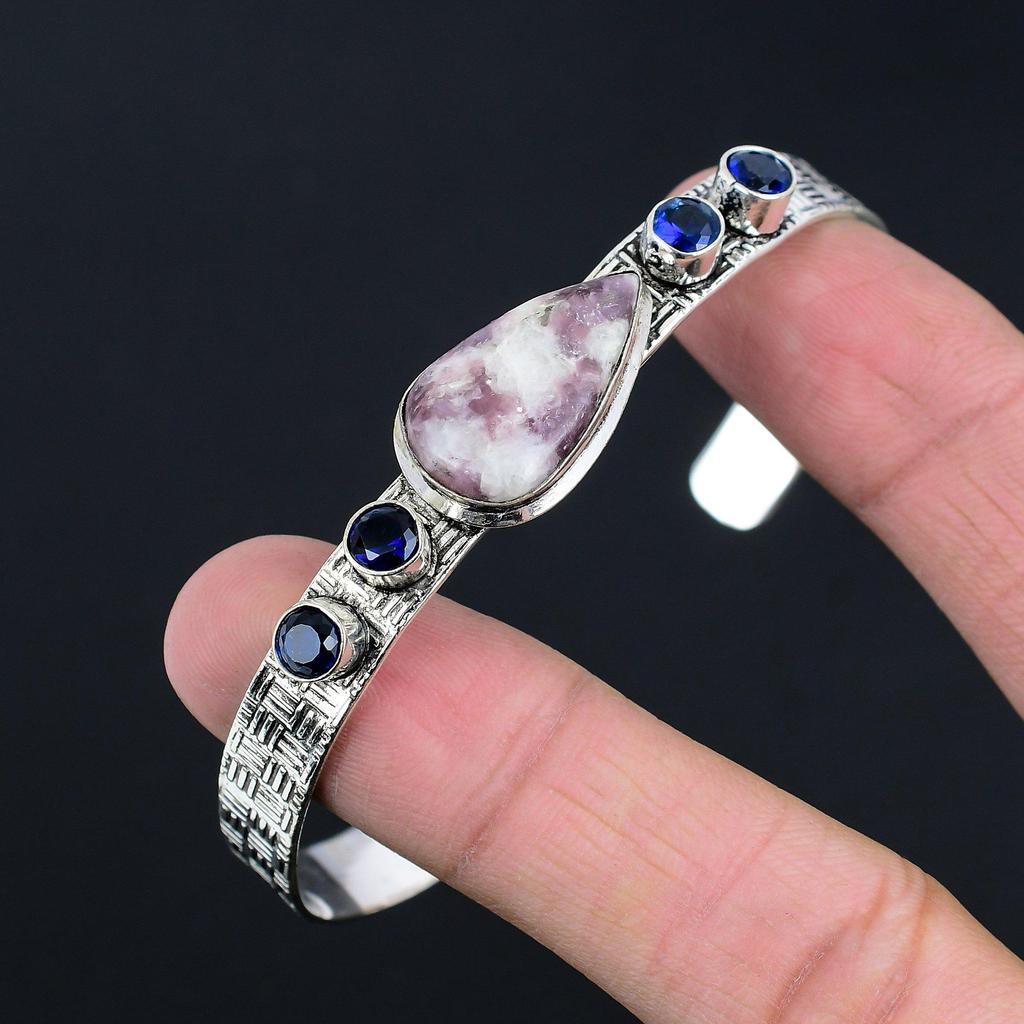Daughters Day Sale Natural Pink Tourmaline Blue Topaz Artisan Bangle 925 Silver