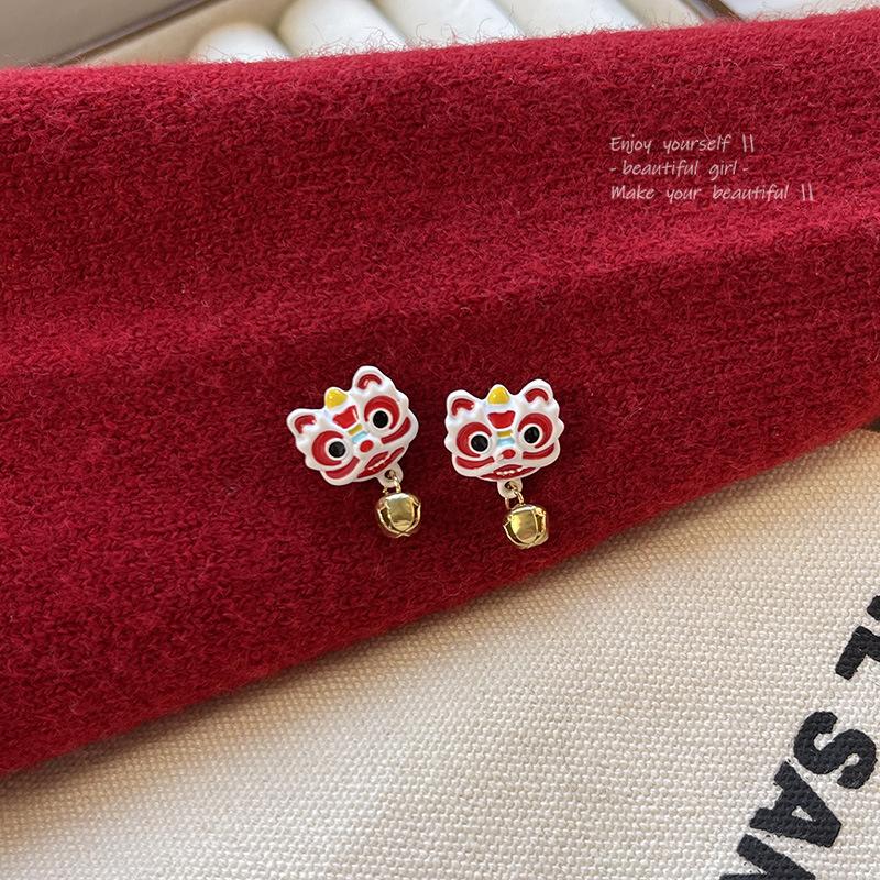 Китайский стиль Новогодний праздничный лев, пробуждающийся красный милый маленький лев серьги