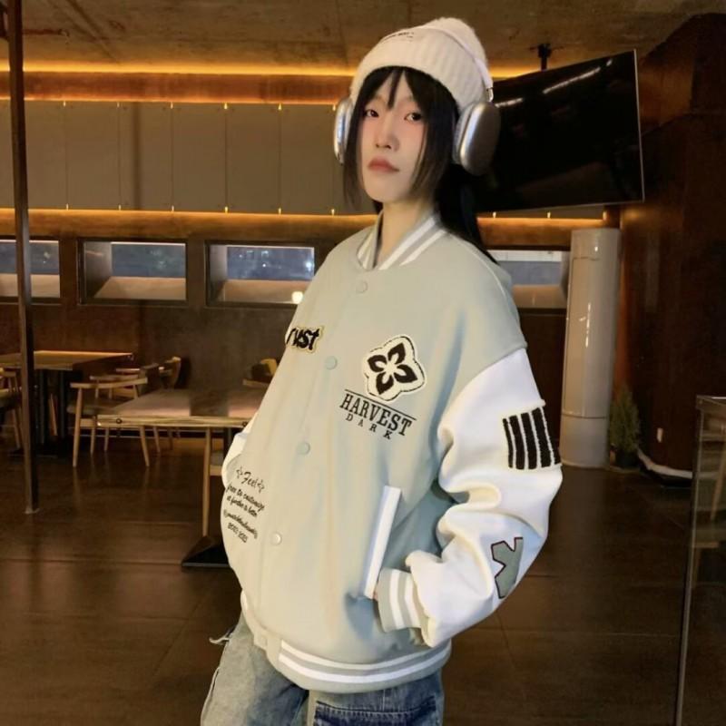 Mens Womens Oversized Baseball Jacket PU Leather Patchwork Rhombus Embroidery Fall Casual Moto Outerwear