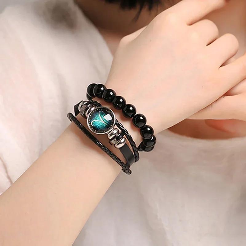 12 Созвездий Светящийся Браслет Мужской Женский Парный Многослойный Плетеный Вручную Браслет-Шарм из ПУ Кожи Ювелирные Изделия Подарки