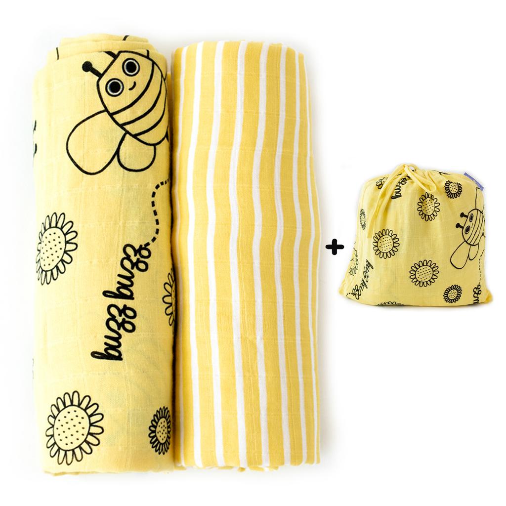 Milk&Moo Set of 2 Buzzy Bee Baby Muslin Swaddle Blanket, 100% Cotton, Ultra Soft