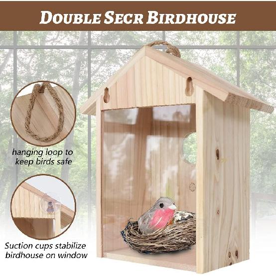Wooden Bird House for Outside Bird Nesting Box Window Birdhouse for Viewing Bluebirds Houses for Outside with Strong Suction Cups