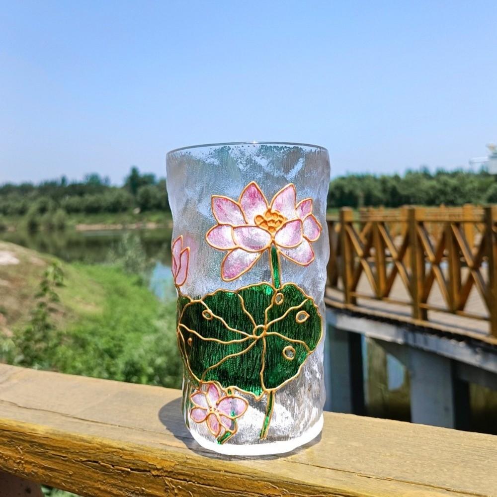 Glacier Texture Hand-Painted Glass Cup Flower Design Beer Cup Fashion Juice Cup  Tea Time