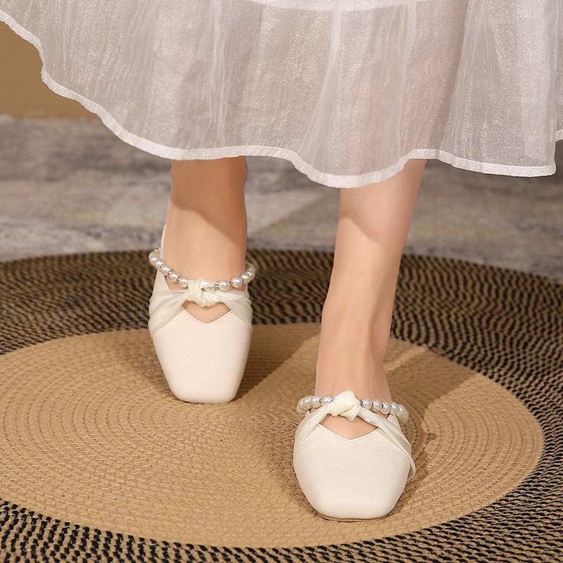 Fashion Women's Fashion Baotou Thick Heel Sandals Spring New Square Head Shallow Mouth Beads A Slip-on Soft Sole Slippers