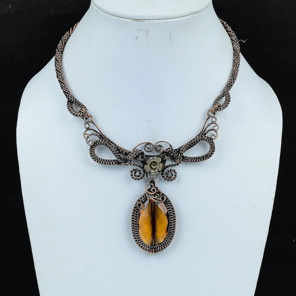 Ожерелье с цитрином, украшения ручной работы, ожерелье, обернутое медной проволокой 999 пробы, дизайнерские украшения с драгоценными камнями, ожерелье с регулируемой цепочкой, подарок для мамы