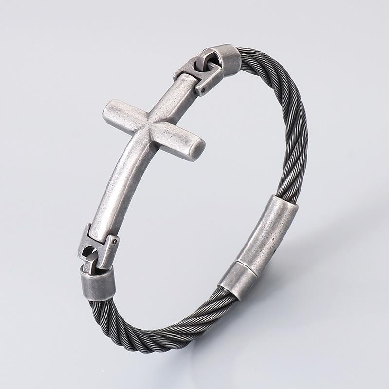 Chunky Stainless Steel Wire Chain Bangle Men's Personalized Classic Cross Bracelet Jewelry Gothic Vintage Black Accessory