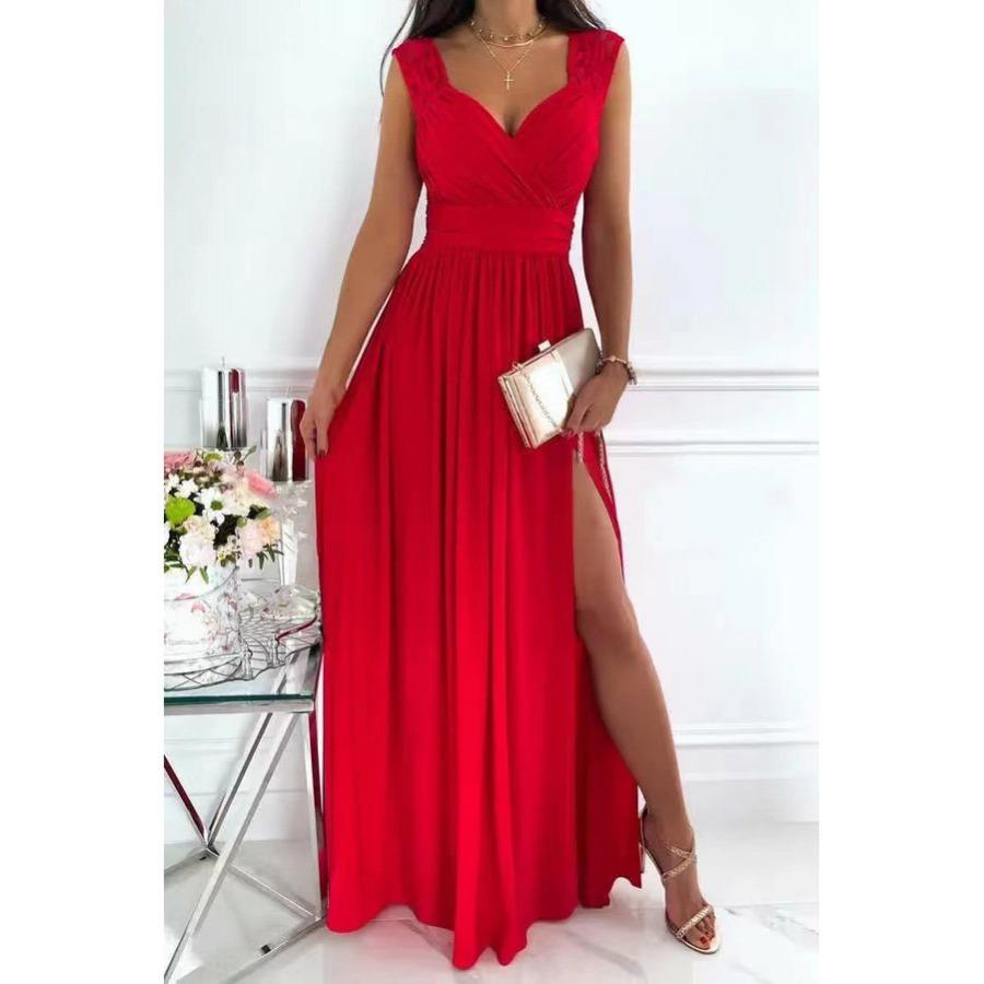 Spring Autumn Fashion Sexy Elegant Lace Patchwork Long Dress Women V Neck Solid Split Maxi Dresses