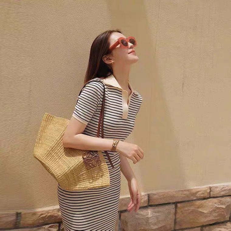Женское элегантное праздничное платье с коротким рукавом, тонкое полосатое вязаное платье с воротником-поло, винтажное пляжное платье